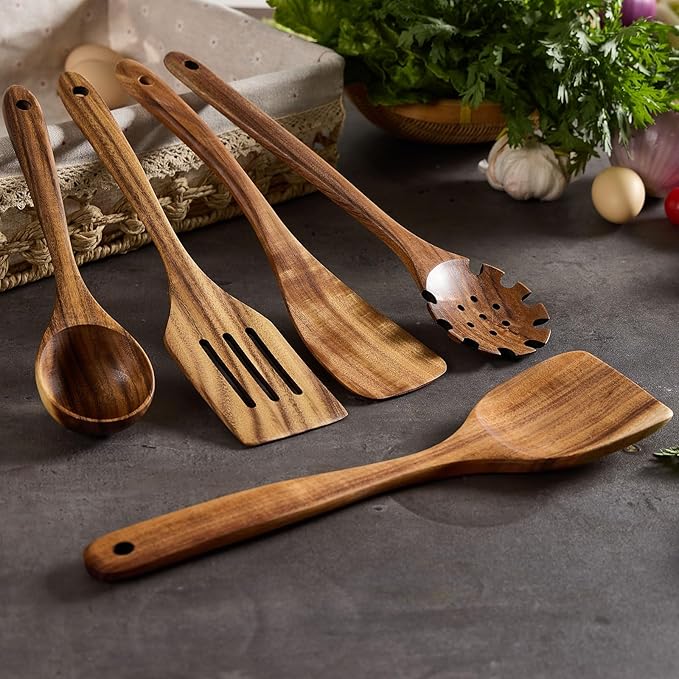 Wooden Kitchen Utensils Set, Teak Wood Cooking Spoons for Non-Stick Pans, 8 Pieces-Ruum Studio Home