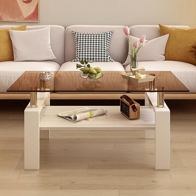 Glass Coffee Table Rectangle Living Room Center Table, with Brown Tempered Glass Tabletop and White MDF Layer,for Living Room and Office, Brown+White-Ruum Studio Home