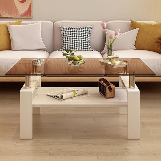 Glass Coffee Table Rectangle Living Room Center Table, with Brown Tempered Glass Tabletop and White MDF Layer,for Living Room and Office, Brown+White-Ruum Studio Home