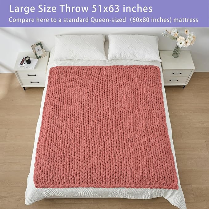 Bigacogo Chunky Knit Throw Blanket for Couch, 51x63 inches, 100% Hand Knitted with Thick Jumbo Chenille Yarn, Cozy Soft Large Rope Knot Cable Crochet Blankets for Sofa Bed Living Room, Antique Red-Ruum Studio Home