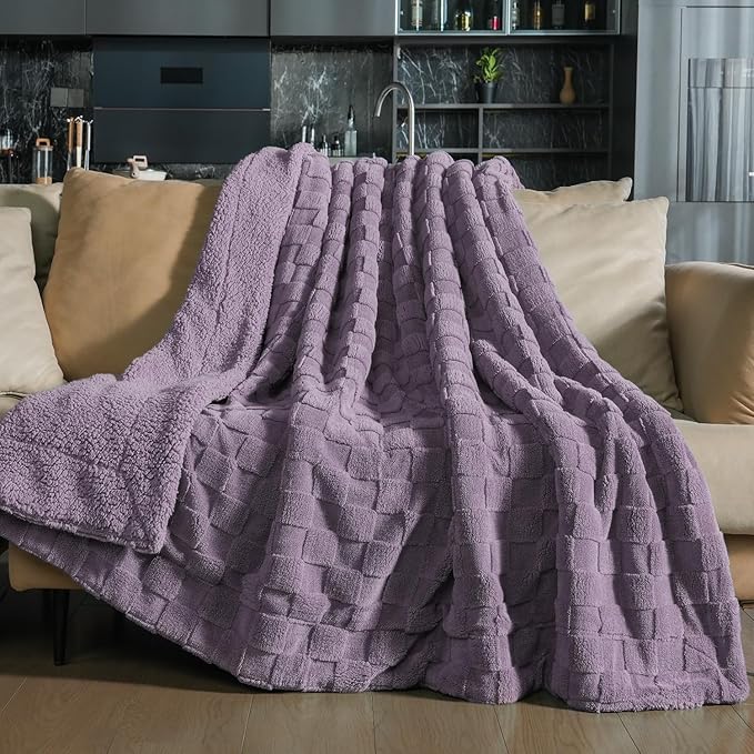 Pawque Super Soft Cozy Throw Blanket for Couch Sofa Bed - Fluffy Sherpa Fleece Reversible Thick Warm Fuzzy Blanket for All-Season, 3D Checkered Jacquard Elegant Decorative Blankets, Purple, 50" x 60"-Ruum Studio Home