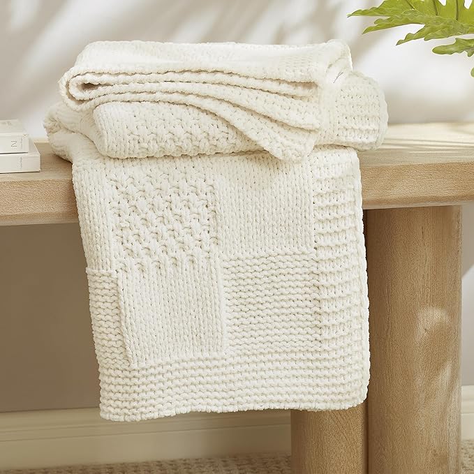 Amélie Home Chenille Knit Throw Blanket for Couch, Checkered Texture Decorative Soft Blanket for Sofa, Bed & Living Room, 50"x60", Ivory-Ruum Studio Home