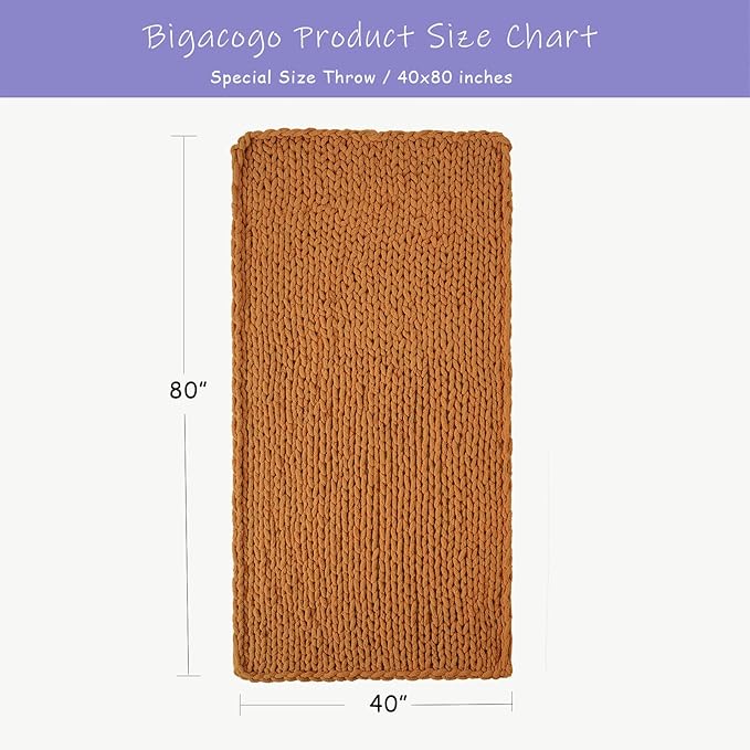 Bigacogo Chunky Knit Throw Blanket for Couch, 40x80 inches, 100% Hand Knitted with Thick Jumbo Chenille Yarn, Cozy Soft Large Rope Knot Cable Crochet Blankets for Sofa Bed Living Room, Burnt Orange-Ruum Studio Home