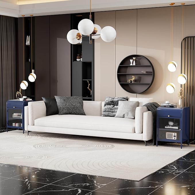 Modern Metal Side Tables, End Tables with Glass Door, 2-Tier Nightstands with Storage Shelves, Accent Table, Slim Sofa Table for Living Room, Bedroom (1, Bule)-Ruum Studio Home