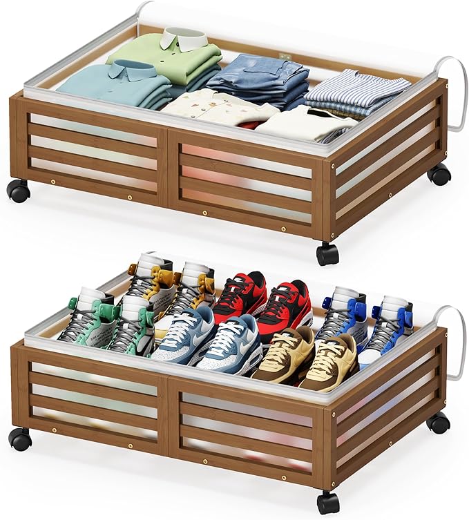 Under Bed Storage with Wheels-Large Bamboo Underbed storage Containers with Large Dust Bag Stackable Under the Bed Shoe Storage Bins for Clothes Books Bedding (2 Packs walnut, 23.62"L×16.54"W× 6.51"H)-Ruum Studio Home