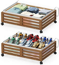 Under Bed Storage Containers With Wheels - 2 Pcs Bamboo Wood Rolling Underbed Shoe Storage Bins With Dust Bags for Clothes Blankets, Duvet Covers Snacks Toys (Walnut)-Ruum Studio Home