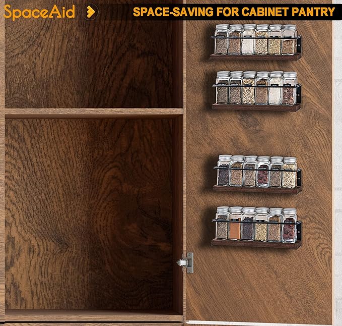 SpaceAid Spice Rack Organizer for Cabinet Door or Wall Mount (4 Pack) with 415 Spice Labels - Wood Hanging Seasoning Shelf for Cupboard Pantry or over the Stove-Ruum Studio Home