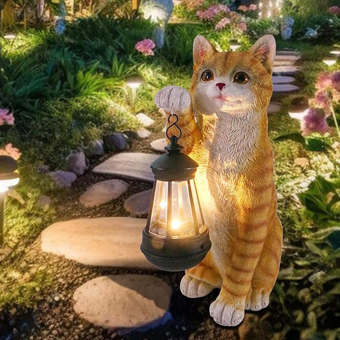 Solar Powered Outdoor Cat Garden Statue, Crafted Garden Sculptures & Statues for Patio, Yard, Lawn, Gardening Gifts for Women and Mom(11" Cat)-Ruum Studio Home