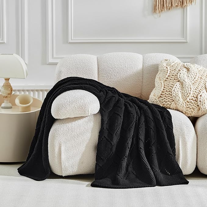 Longhui bedding Chunky Cotton Knit Throw Blanket for Couch, Sofa, Bed, or Chair, Decorative Breathable Fall Cable Knit Blanket 60 x 80 Inches, Large Black-Ruum Studio Home
