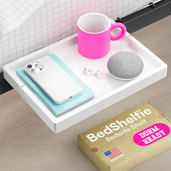 BedShelfie Bedside Shelf for Bunk Bed & Top Bunk, College Dorm Room Essentials, Loft Nightstand, Floating Bed Side Table Tray Storage, Dorm Room Decor by Smallish - (Flexfit Model, White)-Ruum Studio Home