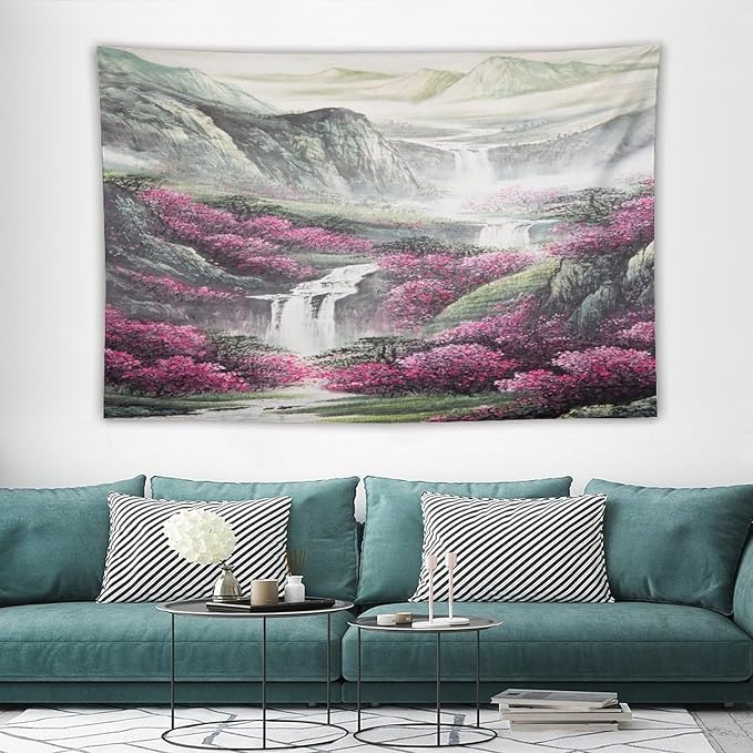 Japanese Tapestry, Red Plum Blossom Mountain Tapestry, Asian Japanese Wall Tapestry, Nature Landscape Tapestries for Bedroom Living Room Decor 90"x60"-Ruum Studio Home