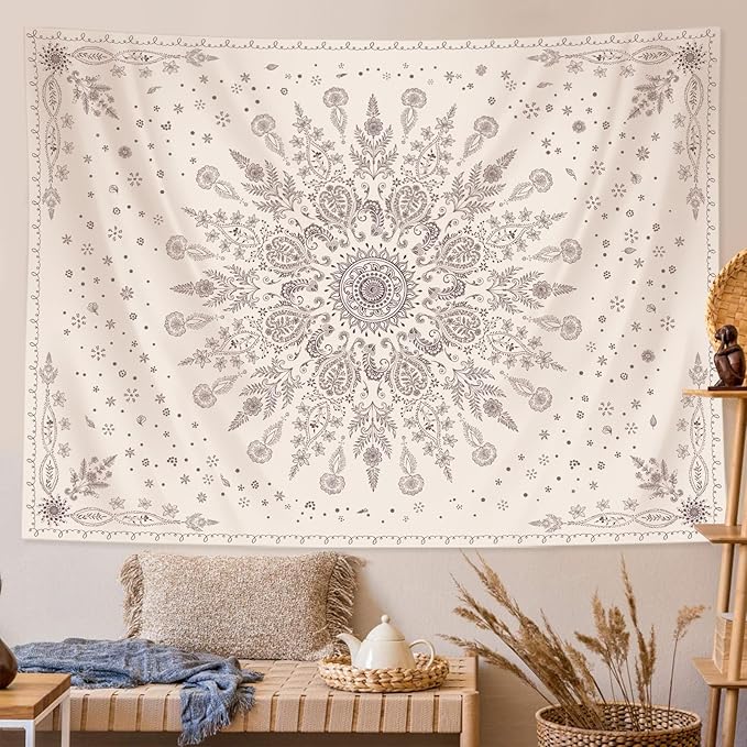 Lunerfex Boho Floral Tapestry Mandala Wall Tapestry, Cute Tapestries for Bedroom Beige Flower Tapestries Wall Hanging for Bedroom Living Room Decor Beige-1 60"x80"-Ruum Studio Home