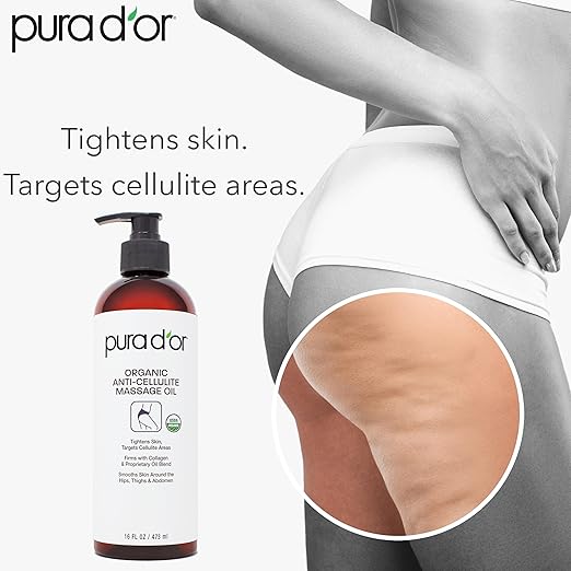 PURA D'OR 16 Oz Organic Anti-Cellulite Massage Oil - Lemon Peel, Moringa, Grape Seed, Grapefruit & Eucalyptus Oils - Skin Firming & Tightening for Active Individuals & Aging Adults-Ruum Studio Home