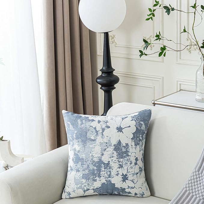 Jacquard Throw Pillow Covers 18x18 Inch Set of 2 - Vintage Floral Boho Pillow Cases with Botanical Pattern | Farmhouse Decor for Couch Living Room | Soft Textured Neutral Trio Dusty Blue 18" x 18"-Ruum Studio Home