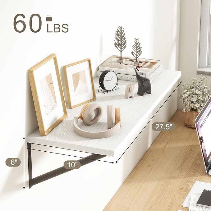 Fun Memories 27.5" W x10 D Floating Shelves, White Wall Shelf with Brackets, 10 Inch Deep Floating Shelf Set of 2, Large Storage Kitchen Living Room Bathroom Shelves, Wood Wall Mounted Shelf-Ruum Studio Home