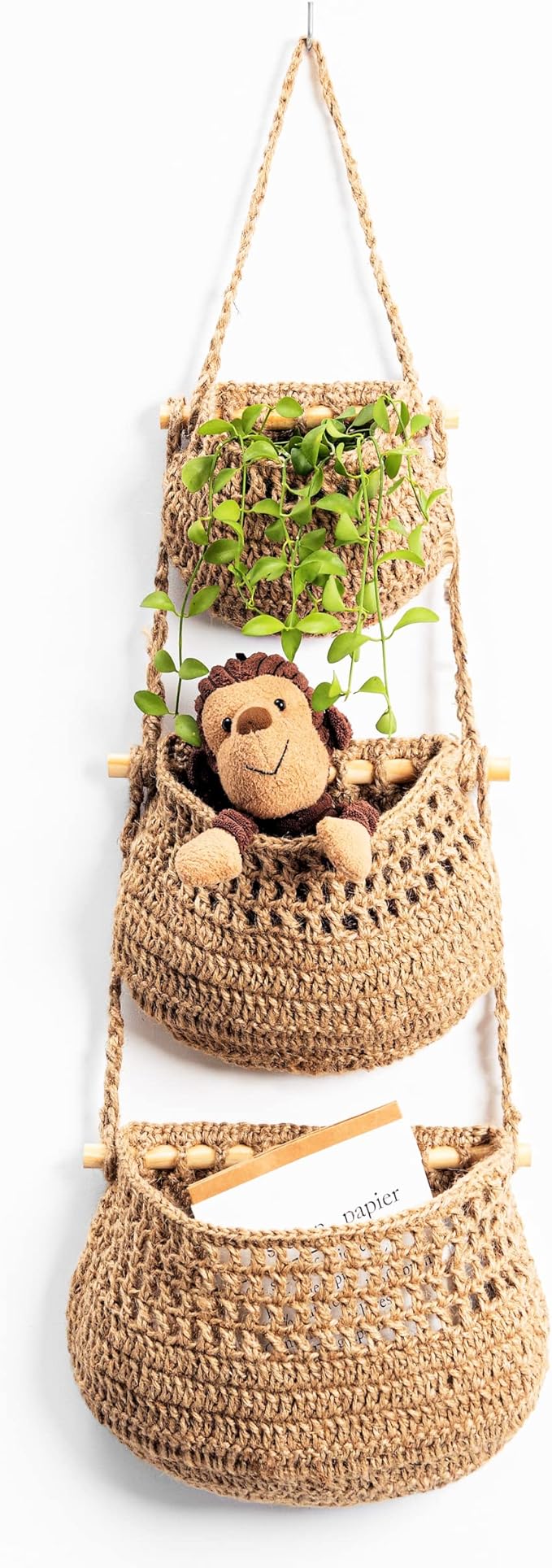 Hanging Fruit Basket, 3 Tier Woven Jute Wall Hanging Basket for Organizing, Hanging Produce Basket for Fruit & Vegetable Storage, Boho Kitchen Decor, Wall Basket Storage for Kitchen, Bedroom, Bathroom-Ruum Studio Home