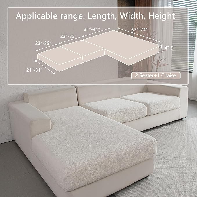 Couch Cushion Covers for Sectional Sofa, Stretch Soft Sofa Slipcovers Washable Wear-Resistant Universal Furniture Protector for Living Room(2 Seaters Covers+1 Chaise Cover, Ivory)-Ruum Studio Home