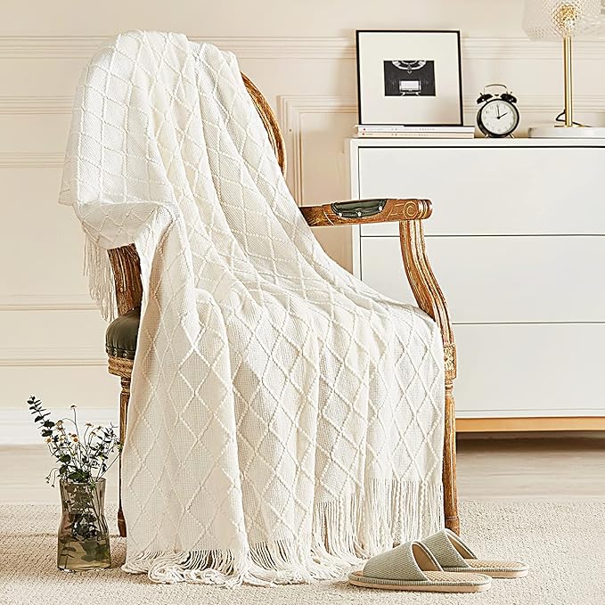 inhand Knitted Throw Blanket for Couch and Bed, Soft Living Room Home Decor Knitted Blanket with Tassel, Outdoor Lightweight Breathable Summer Blanket, Farmhouse Warm Woven Decorative, 50"x60"-Ruum Studio Home
