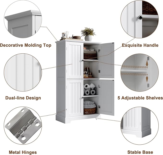 ChooChoo Bathroom Floor Cabinet, Modern Bathroom Storage Cabinet with 4 Doors and Adjustable Shelves, Freestanding Cupboard for Living Room, White-Ruum Studio Home