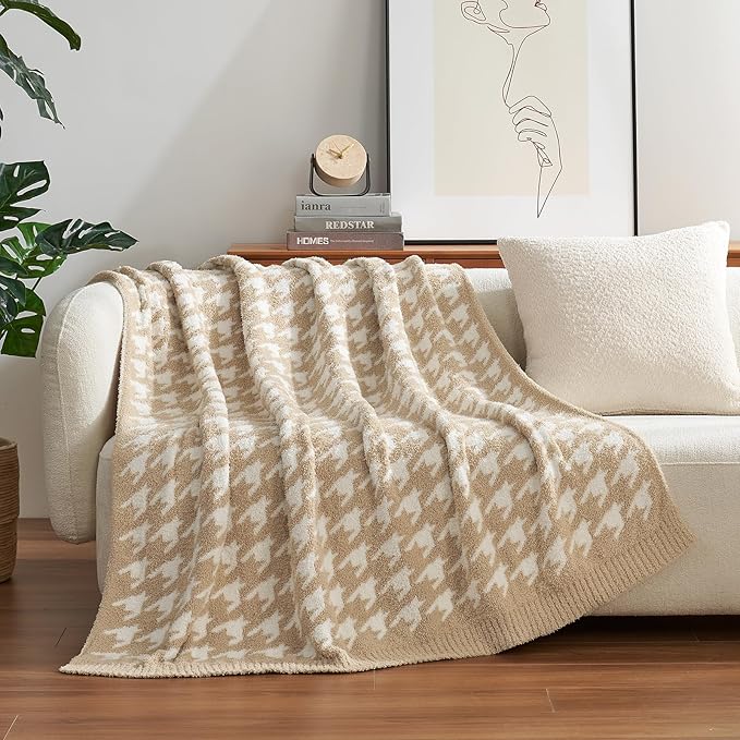 Snuggle Sac Throw Blanket for Couch, Reversible Super Soft Warm Blankets Cozy Knit Fuzzy Plush Lightweight Throws for Sofa, Bed, Camping,Houndstooth Beige,50x60 inches-Ruum Studio Home