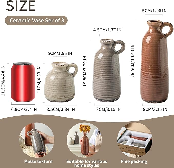 Ceramic Vases Set of 3, Neutral Rustic Farmhouse Vase with Handle, Decorative Flower Vases Home Decor Modern Boho Pampass Vase for Table Mantel Entryway Shelf Living Room Kitchen Bathroom - Brown-Ruum Studio Home