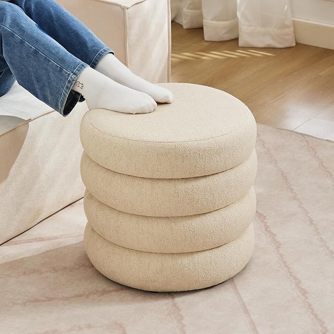 ONEVOG Round Storage Ottoman, 20" Small Ottomans Table with Removable Lid, Linen Fabric Soft Footrest Stools for Couch, Upholstered Stuffed Circle Seat for Living Room/Bedroom/Dorm/Vanity, Beige-Ruum Studio Home