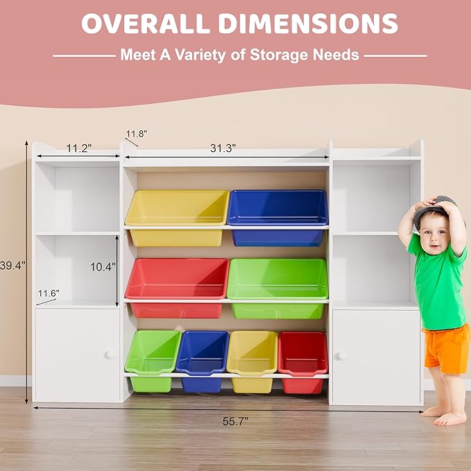 Xilingol Kids Toy Storage Organizer W/8 Removable Toy Bins, 4-Tier Toy Organizers W/6 Storage Cubbies, Kid Bookshelf and Toy Storage for Playroom, Bedroom, Kids Room, Classroom-Ruum Studio Home