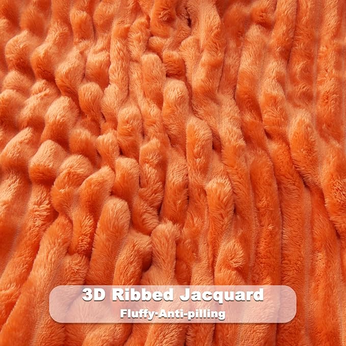 NEWCOSPLAY Super Soft Fall Queen Blanket Orange Premium Silky Flannel Fleece 3D Ribbed Jacquard Lightweight Bed Blanket All Season Use (Orange Ribbed, Queen(90"x90"))-Ruum Studio Home