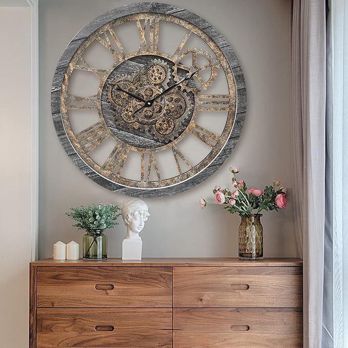 HOIBAI Large Wall Clock, Wall Clocks for Living Room Decor 20 Inch Farmhouse Vintage Rustic Kitchen Wall Decor Vintage Roman Oversized Wall Clock for Home Bedroom House Office, Moving Gears Clock-Ruum Studio Home