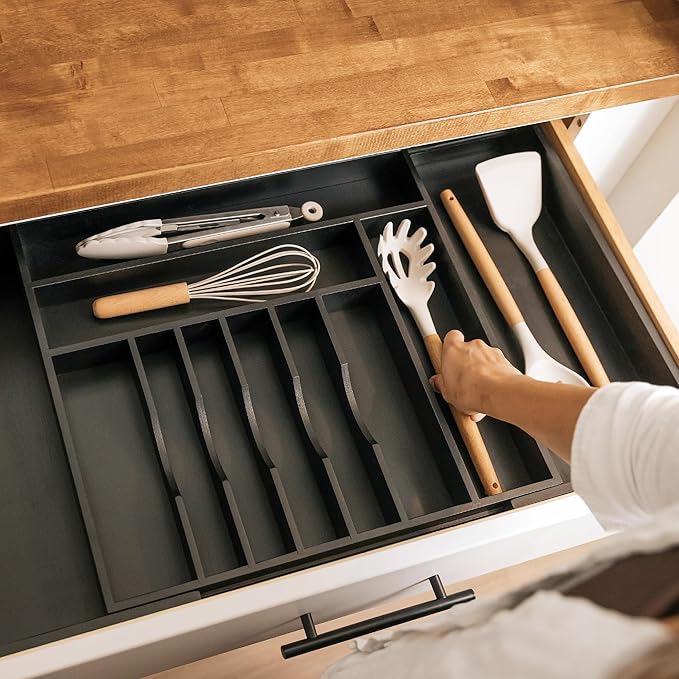Premium Silverware, Flatware and Utensil Organizer for Kitchen Drawers, Food-Safe Contract Grade, Expandable from 18 to 33 In, Black Bamboo-Ruum Studio Home