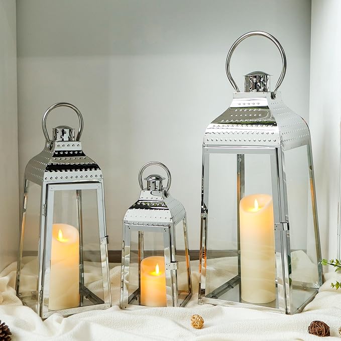 TRIROCKS Set of 3 Stainless Steel Candle Lanterns 20.5''&16''&12''H Decorative Candle Holders with Tempered Glass for Indoor Outdoor Porch Parities and Wedding(Silver)-Ruum Studio Home