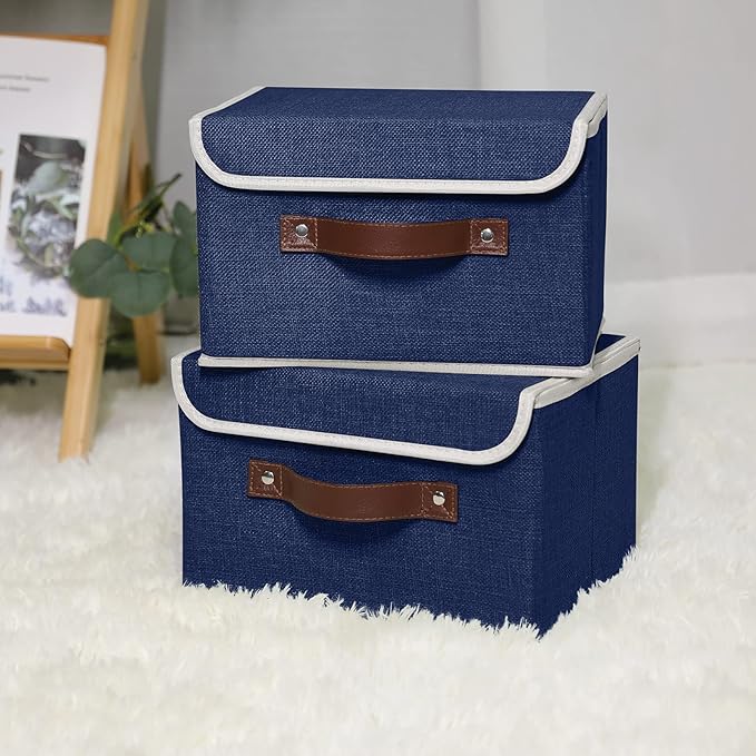 ANMINY 4PCS Storage Bins with Lid PU Leather Handles Storage Boxes PP Plastic Board Decorative Foldable Lidded Cotton Linen Fabric Home Cubes Baskets Closet Organizer Containers - Blue, Small Size-Ruum Studio Home