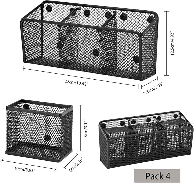 Neudeco Magnetic Pencil Holder, Locker Shelf Organizer, Metal Storage Basket for Whiteboard, Refrigerator, Ideal Cabinet for School, Black (Pack 4)-Ruum Studio Home