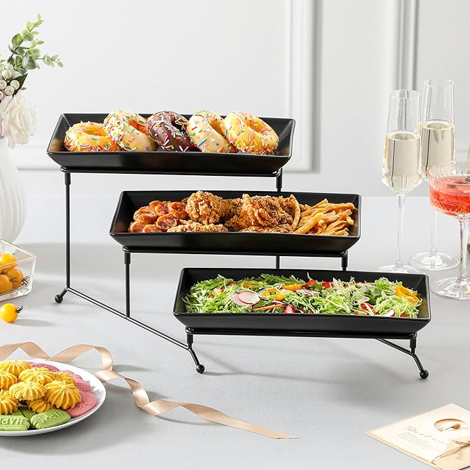 MALACASA 3 Tier Serving Trays for Party, Stoneware Serving Platters and Trays, 12 Inch Tiered Tray Stand, Fruit Tray, Trays for Serving Food, Black Dessert Stand with Collapsible Sturdier Metal Rack-Ruum Studio Home