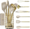 7-Piece Beige & Gold Kitchen Utensils Set – Non-Toxic Silicone & Stainless Steel Tools for Cooking, Serving, & Hosting – Ideal for Nonstick Cookware & Modern Kitchens, with Gold Utensil Holder-Ruum Studio Home