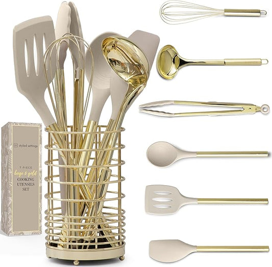 7-Piece Beige & Gold Kitchen Utensils Set – Non-Toxic Silicone & Stainless Steel Tools for Cooking, Serving, & Hosting – Ideal for Nonstick Cookware & Modern Kitchens, with Gold Utensil Holder-Ruum Studio Home