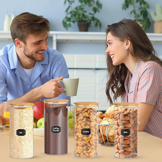 Glass Jars with Bamboo Lids, 58 oz 3 Pcs Kitchen Glass Containers with Bamboo Lids, Airtight Glass Pantry Storage Containers with Lids for Rice, Flour, Nuts, Cookie, Pasta, Oatmeal, Bean-Ruum Studio Home