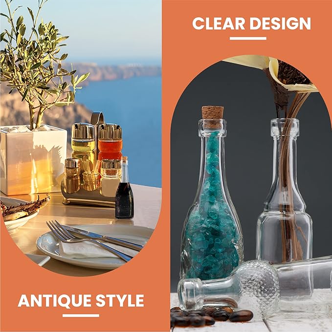 Small Mini Clear Vintage Glass Bottles with Corks, Mini Vases, Decorative, Potion, Assorted Design Set of 12 pcs, 4.6 Inch Tall (11.43cm), 1.4 Inch Wide (3.56cm)-Ruum Studio Home