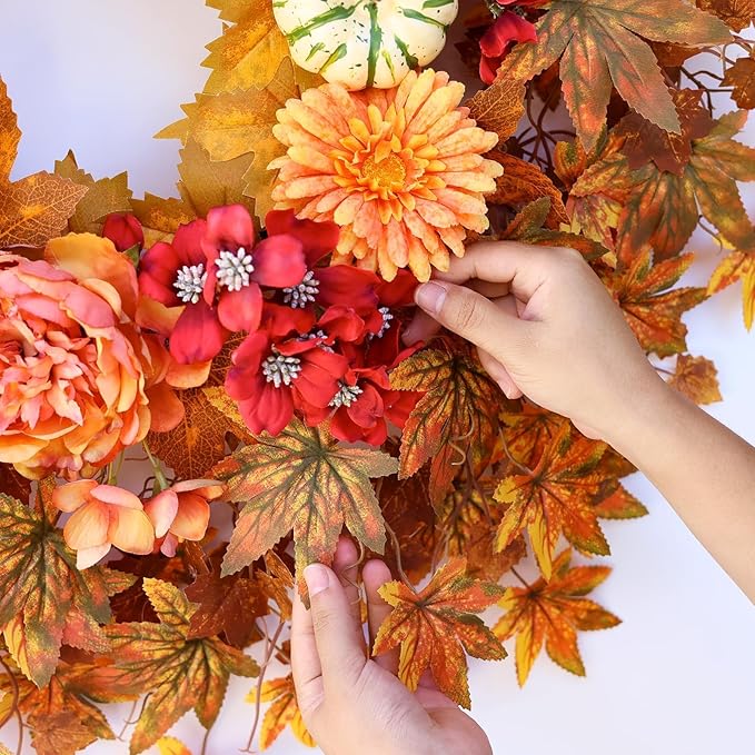 26" Fall Wreath for Front Door - Large Artificial Maple Leaves Fake Silk Peony Faux Pumpkin Outdoor Wreath for Porch, Window,Farmhouse,Home,Thanksgiving Day Harvest Festival Autumn Decor-Ruum Studio Home