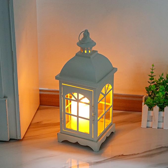 TRIROCKS Decorative Vintage Candle Lanterns 14.5" H Farmhouse Outdoor Hanging Lanterns with Tempered Glass for Porch, Balcony, Patio, Home, Centerpieces, Indoor, Outdoor(White)-Ruum Studio Home