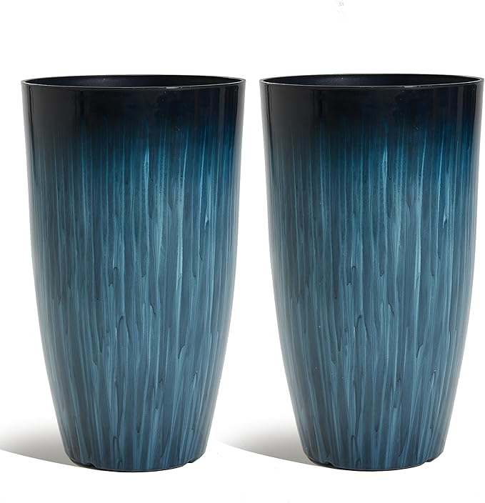 Worth Garden 20" H. Large Plastic Planters - Set of 2 Gradient Blue Glossy Smooth Finish - Tall Plant Pots for Indoor & Outdoor Use - Decorative Lightweight Flower Pots for Front Porch, Patio, Deck-Ruum Studio Home