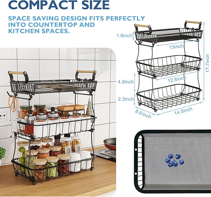 ANTOPY 3 Tier Fruit Basket with 2 Banana Hangers, Countertop Fruit Vegetable Basket Bowl for Kitchen Counter Metal Mesh Basket Fruits Stand Produce Holder Organizer for Onion Potato Bread Snack Veggie-Ruum Studio Home
