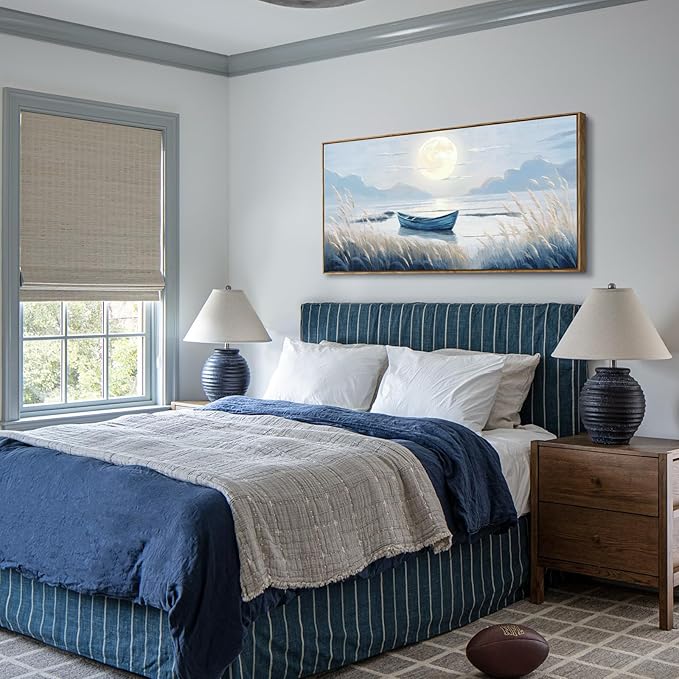 amatop Large Framed Wall Art Bedroom Living Room Decor Blue Boat Moonlight Coastal Seascape Picture Landscape Decorative Canvas Print Tranquil Night Ocean Lake Scene Artwork Nautical Wall Decor 48x24-Ruum Studio Home