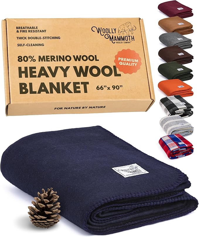 Woolly Mammoth Woolen Company Merino Wool Camping Blanket - 66 x 90 in - Navy Blue - Heavyweight Insulated Outdoor Throw Blanket for Camping & Hiking & Backpacking-Ruum Studio Home