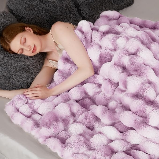 Touchat Luxury 1000GSM Faux Rabbit Fur Throw Blanket for Women, Super Heavy Warm Cozy Blankets for Couch Bed Sofa, Bubble Plush Fuzzy Soft Mink Blanket for Living Room Bedroom, Purple-Ruum Studio Home