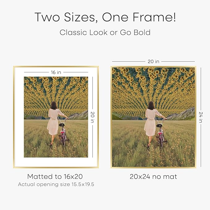 Homeforia 20x24 Picture Frame Gold, High End Metal 24x20 Frames for Wall, 20x24 Gold Frame Matted to 16x20 Print, 20 x 24 Poster Large Frame with Mat 16 by 20 Photo, Tempered Glass, Wall Kit, Set of 1-Ruum Studio Home