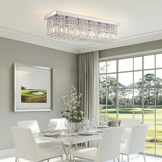 Rectangular Chandelier, Flush Mount Rectangle Chandelier Modern K9 Crystal Chandeliers Light Fixture, 6-Lights Raindrop Crystal Pendant Ceiling Light for Dining Room Bedroom Bar Club L31.5 Inch-Ruum Studio Home