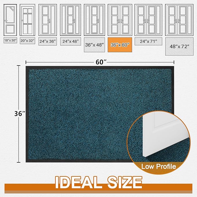 Mibao Front Door Mat, Dirt Trapper Welcome Mat for Outdoor Indoor, Non-Slip Waterproof Doormat, Durable Machine Washable Low Profile Entry Rug for Back Door Outside Patio Porch, 60" x 36", Blue-Ruum Studio Home