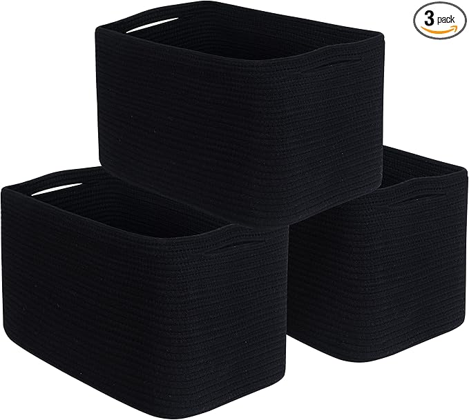 MINTWOOD Design 3-Pack Storage Baskets for Shelves, Playroom and Classroom, Book Basket, Decorative Storage Cube Bins, Woven Closet Organizers, Pantry and Shoe Organizer, Full Black-Ruum Studio Home
