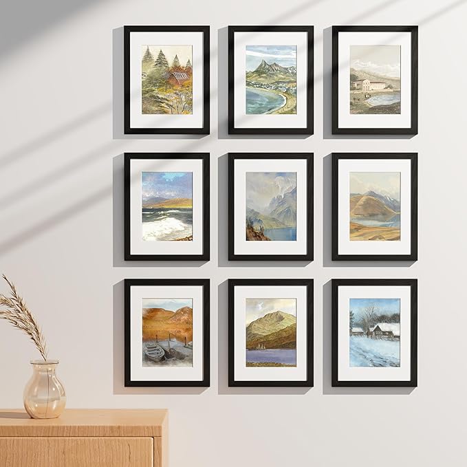 Vittanly 8.5x11 Picture Frames Set of 9, Shatter Resistant Plexiglass, Display 6x8 Pictures with Mat or 8.5x11 without Mat, Photo Frames for Wall or Tabletop, Engineered Wood, Black-Ruum Studio Home